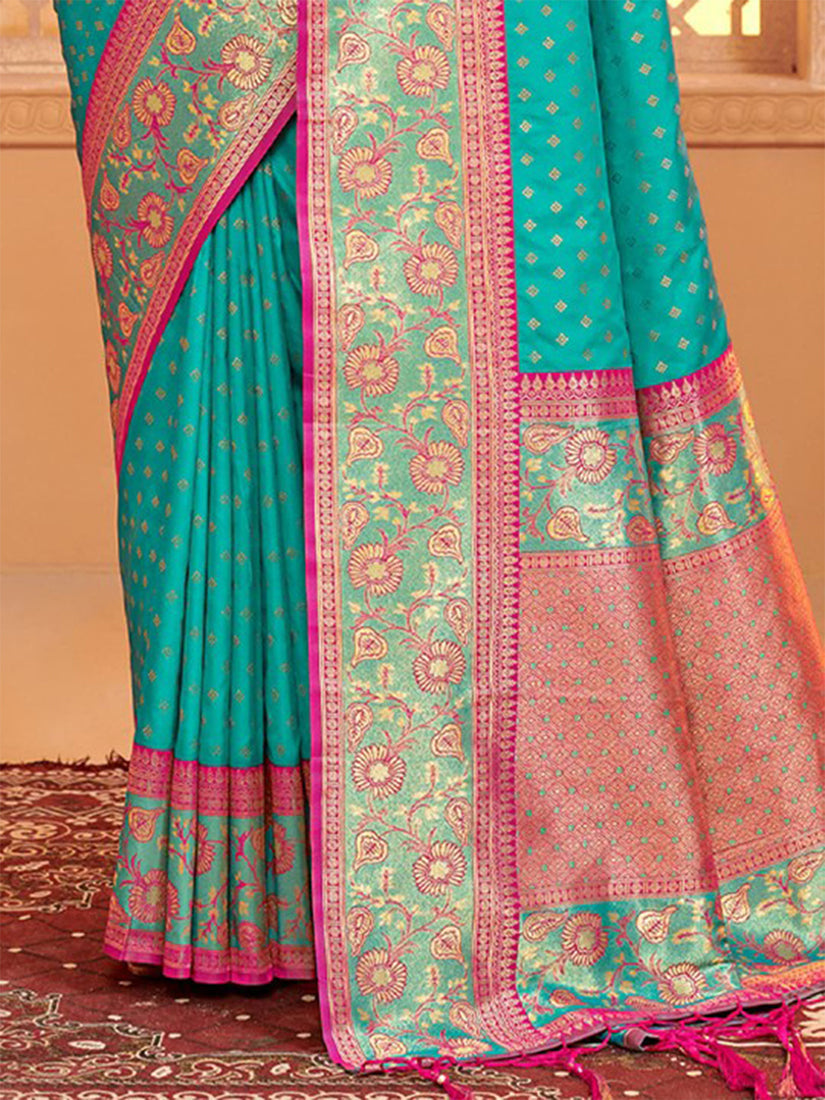 Monjolika Fashion Turquoise Banarasi Silk Blend Gold Zari Weaving Saree with Contrast Border
