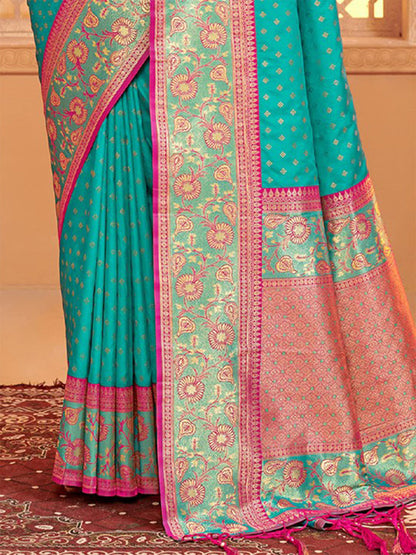 Monjolika Fashion Turquoise Banarasi Silk Blend Gold Zari Weaving Saree with Contrast Border