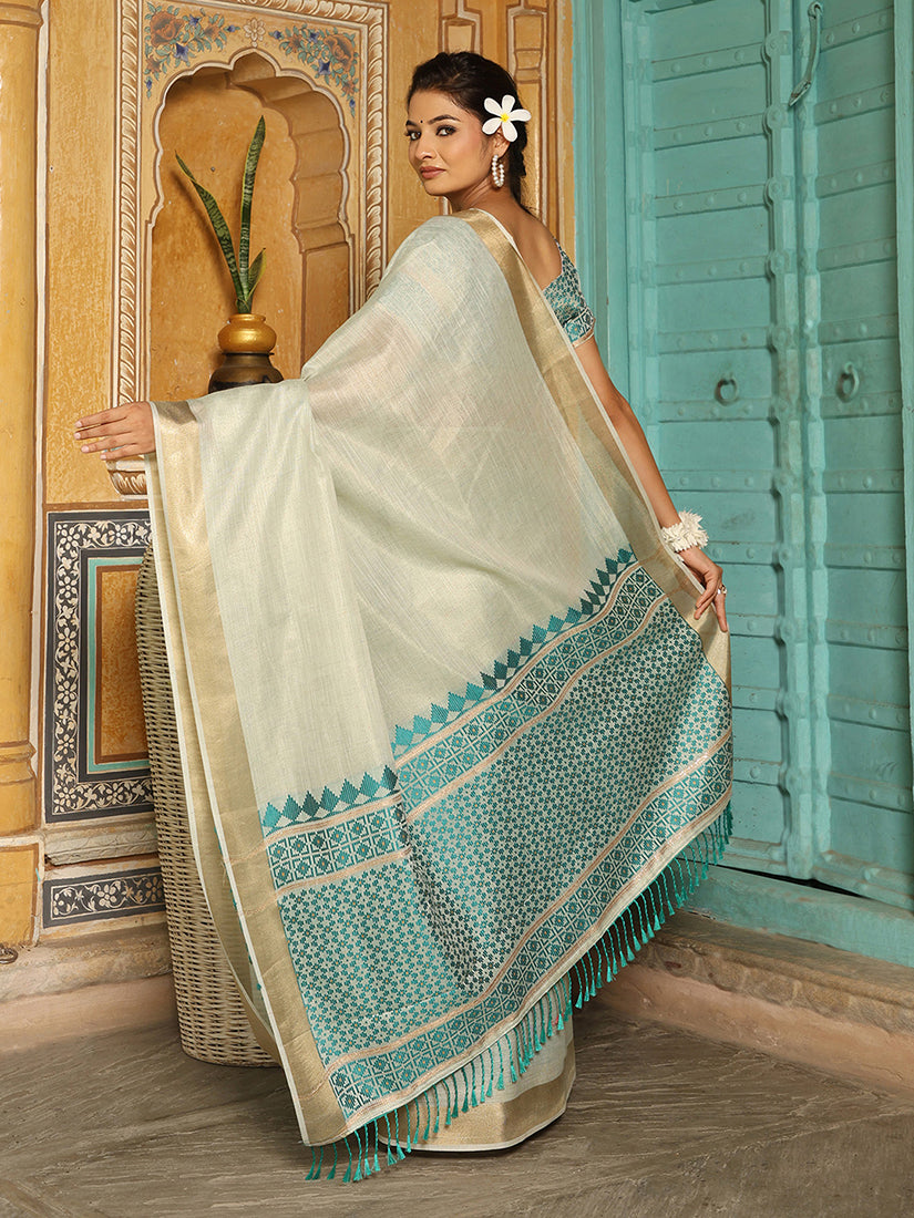 Monjolika Fashion Off White Woven Linen Silk Saree with Gold Zari Border