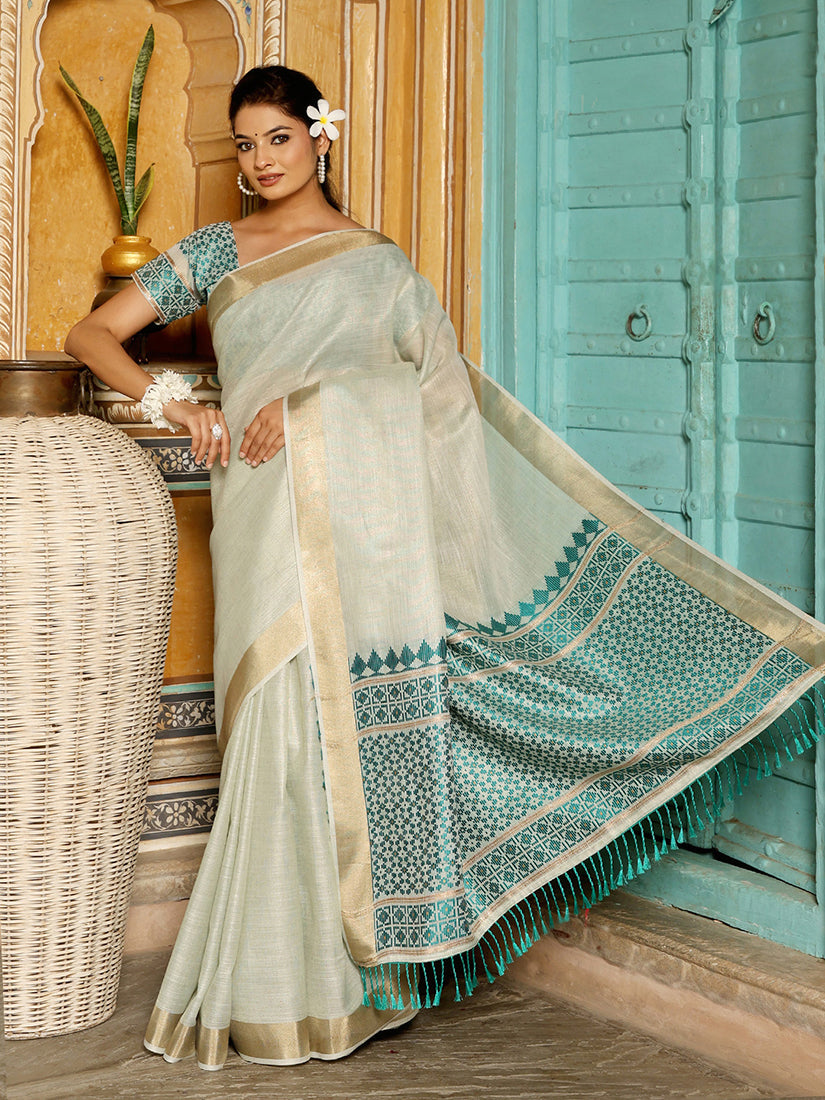 Monjolika Fashion Off White Woven Linen Silk Saree with Gold Zari Border