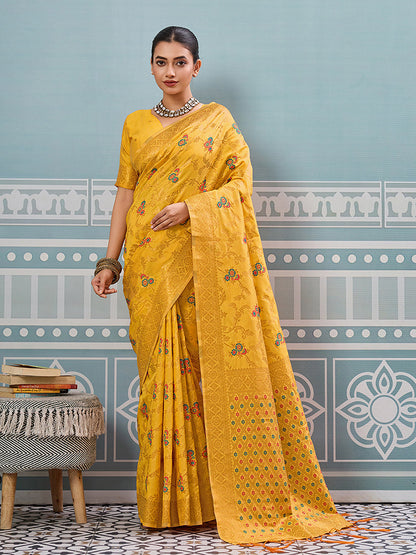 Monjolika Fashion Mustard Banarasi Silk Blend Saree with Rich Gold Zari Floral Weaving