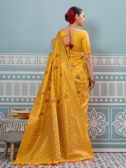 Monjolika Fashion Mustard Banarasi Silk Blend Saree with Rich Gold Zari Floral Weaving