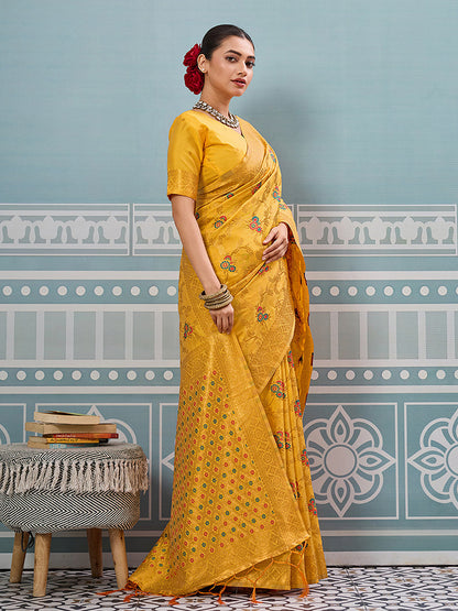 Monjolika Fashion Mustard Banarasi Silk Blend Saree with Rich Gold Zari Floral Weaving