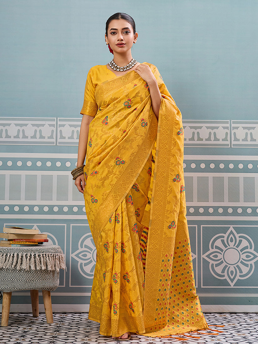 Monjolika Fashion Mustard Banarasi Silk Blend Saree with Rich Gold Zari Floral Weaving