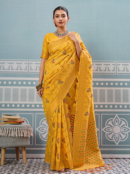 Monjolika Fashion Mustard Banarasi Silk Blend Saree with Rich Gold Zari Floral Weaving