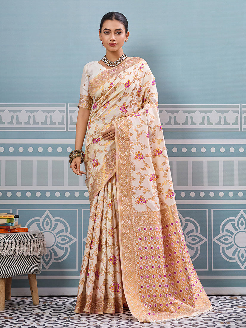 Monjolika Fashion Off White Banarasi Silk Blend Saree with Rich Gold Zari Floral Weaving