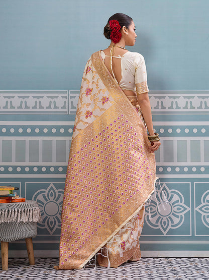 Monjolika Fashion Off White Banarasi Silk Blend Saree with Rich Gold Zari Floral Weaving