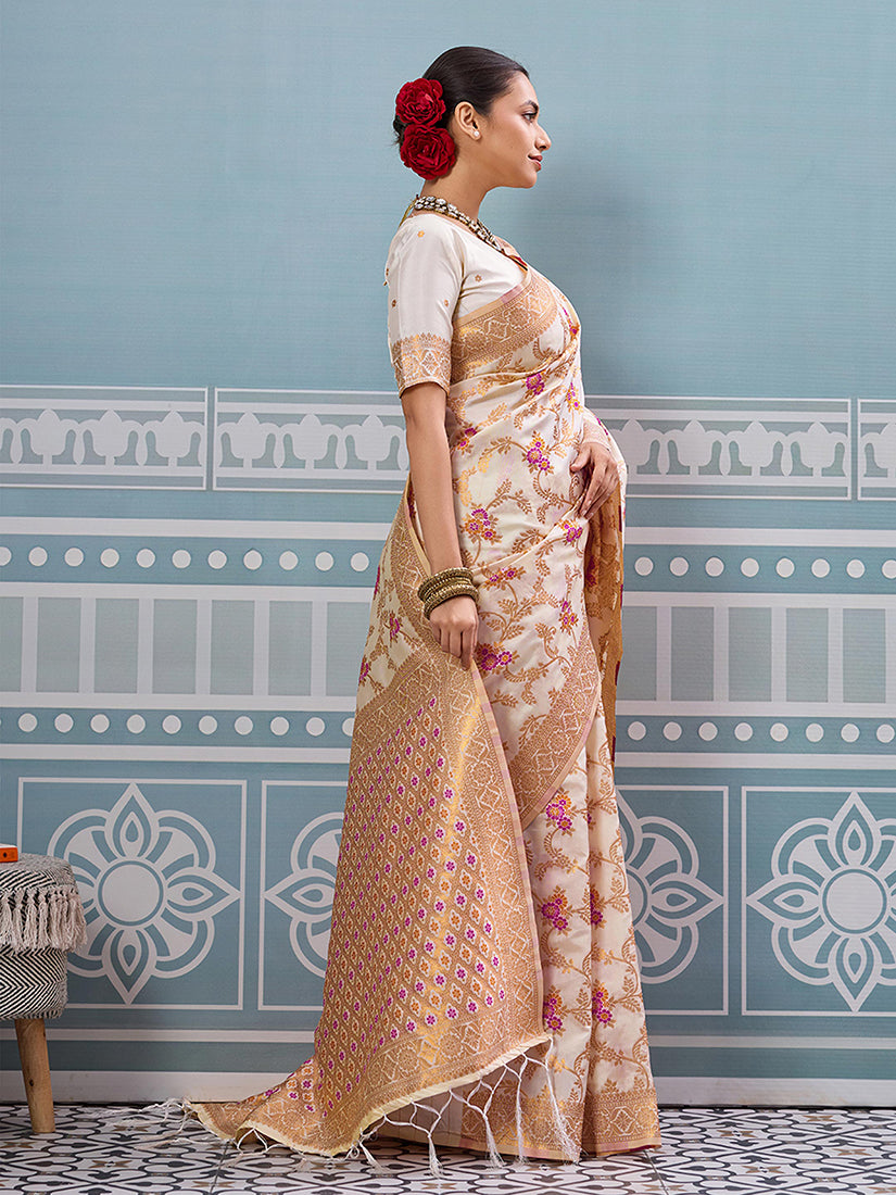 Monjolika Fashion Off White Banarasi Silk Blend Saree with Rich Gold Zari Floral Weaving