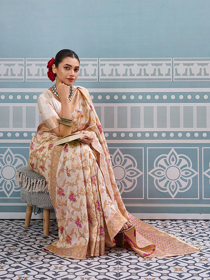 Monjolika Fashion Off White Banarasi Silk Blend Saree with Rich Gold Zari Floral Weaving