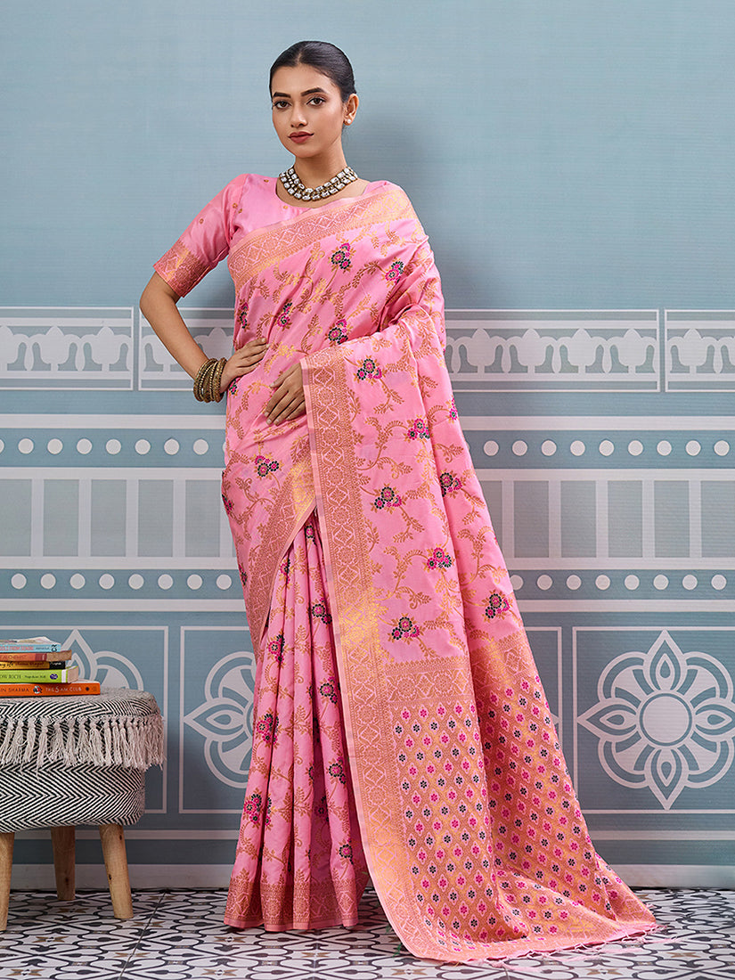 Monjolika Fashion Baby Pink Banarasi Silk Blend Saree with Rich Gold Zari Floral Weaving