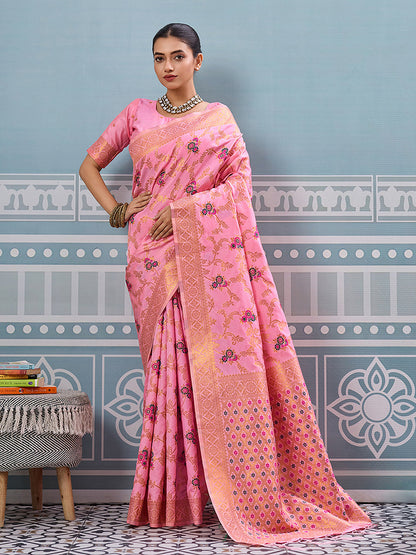 Monjolika Fashion Baby Pink Banarasi Silk Blend Saree with Rich Gold Zari Floral Weaving
