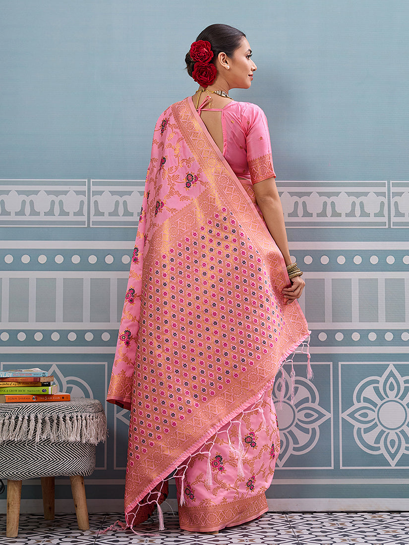 Monjolika Fashion Baby Pink Banarasi Silk Blend Saree with Rich Gold Zari Floral Weaving