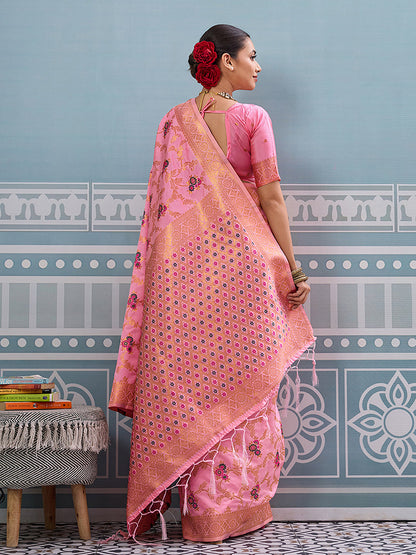 Monjolika Fashion Baby Pink Banarasi Silk Blend Saree with Rich Gold Zari Floral Weaving