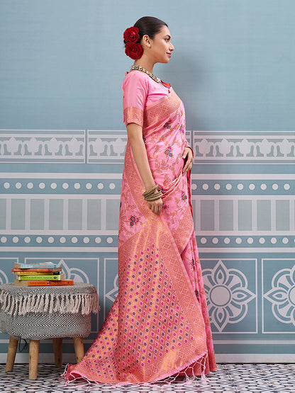 Monjolika Fashion Baby Pink Banarasi Silk Blend Saree with Rich Gold Zari Floral Weaving