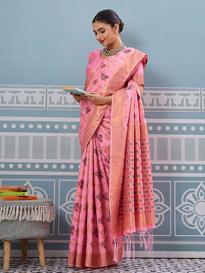 Monjolika Fashion Baby Pink Banarasi Silk Blend Saree with Rich Gold Zari Floral Weaving