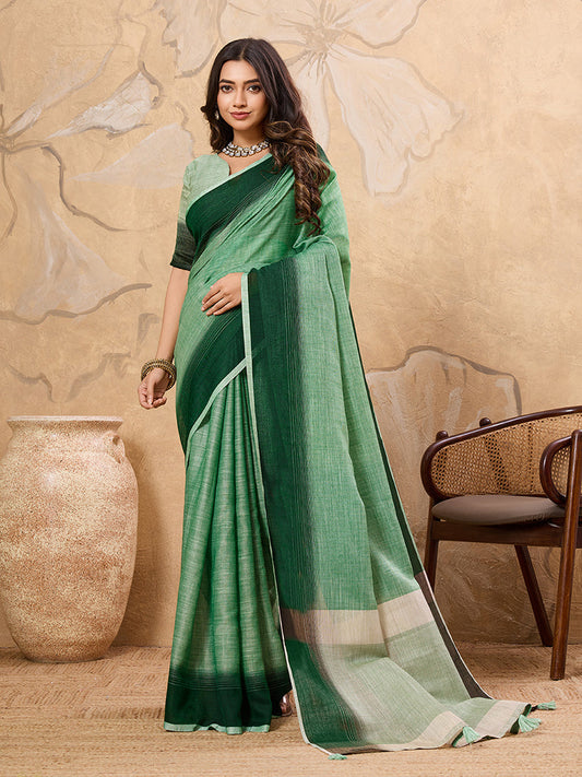 Monjolika Fashion Light Green Linen Cotton Blend Saree with Contrast Border