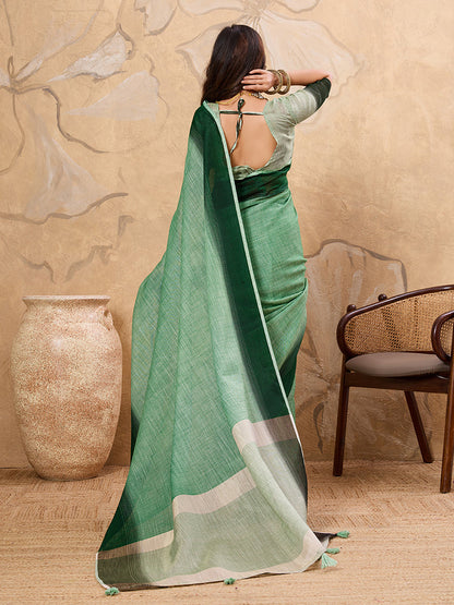 Monjolika Fashion Light Green Linen Cotton Blend Saree with Contrast Border