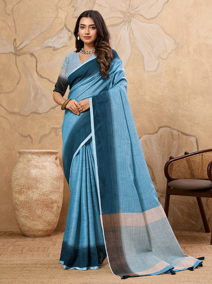 Monjolika Fashion Sky Blue Linen Cotton Blend Saree with Contrast Border