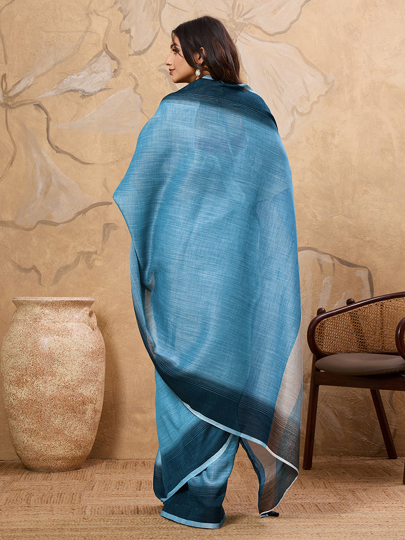 Monjolika Fashion Sky Blue Linen Cotton Blend Saree with Contrast Border