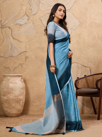 Monjolika Fashion Sky Blue Linen Cotton Blend Saree with Contrast Border