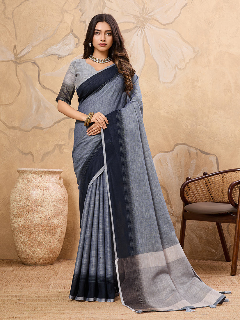 Monjolika Fashion Slate Grey Linen Cotton Blend Saree with Contrast Border