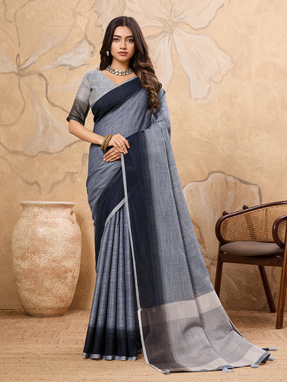 Monjolika Fashion Slate Grey Linen Cotton Blend Saree with Contrast Border