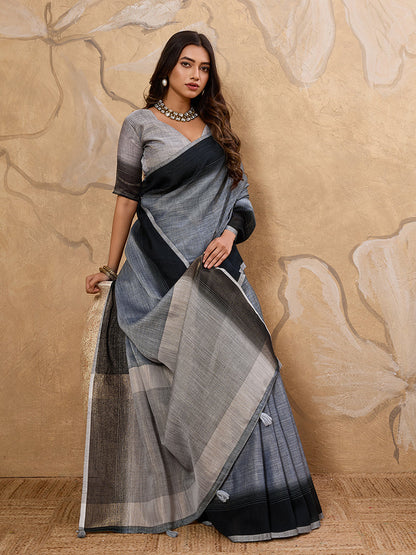 Monjolika Fashion Slate Grey Linen Cotton Blend Saree with Contrast Border