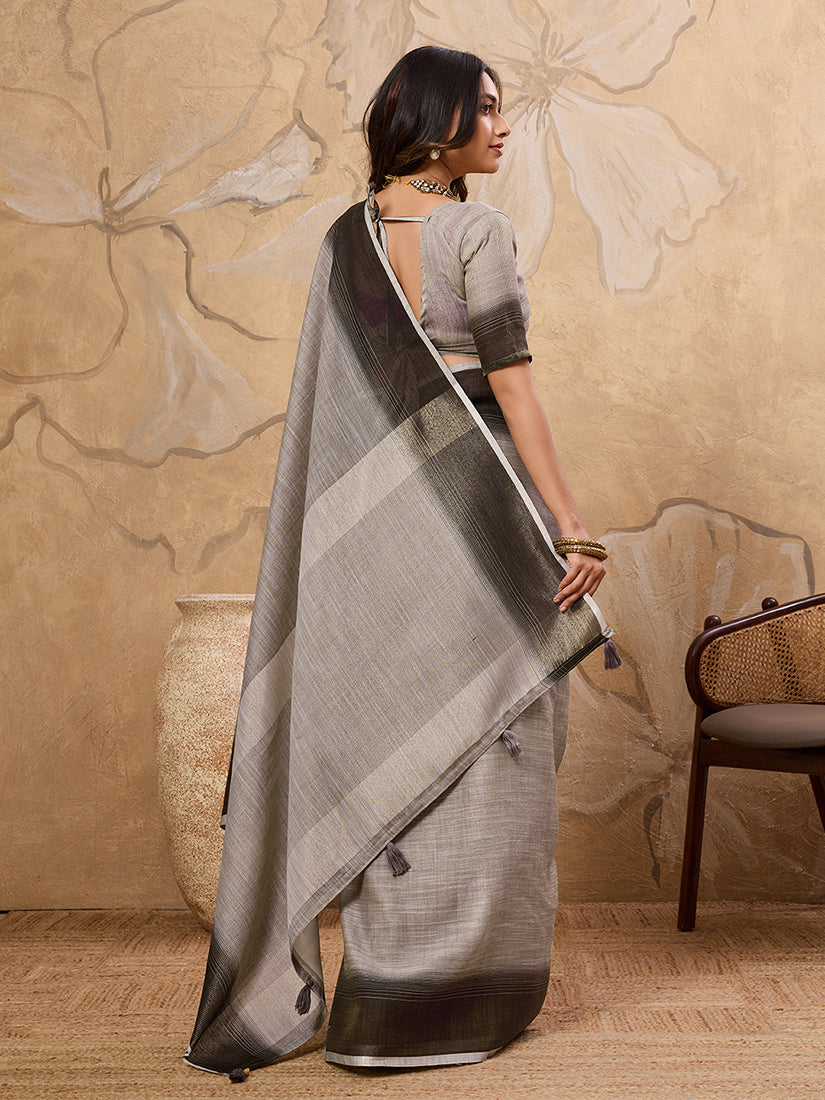 Monjolika Fashion Grey Linen Cotton Blend Saree with Contrast Border