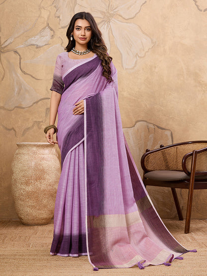 Monjolika Fashion Lavender Linen Cotton Blend Saree with Contrast Border