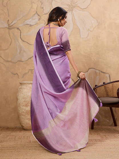 Monjolika Fashion Lavender Linen Cotton Blend Saree with Contrast Border