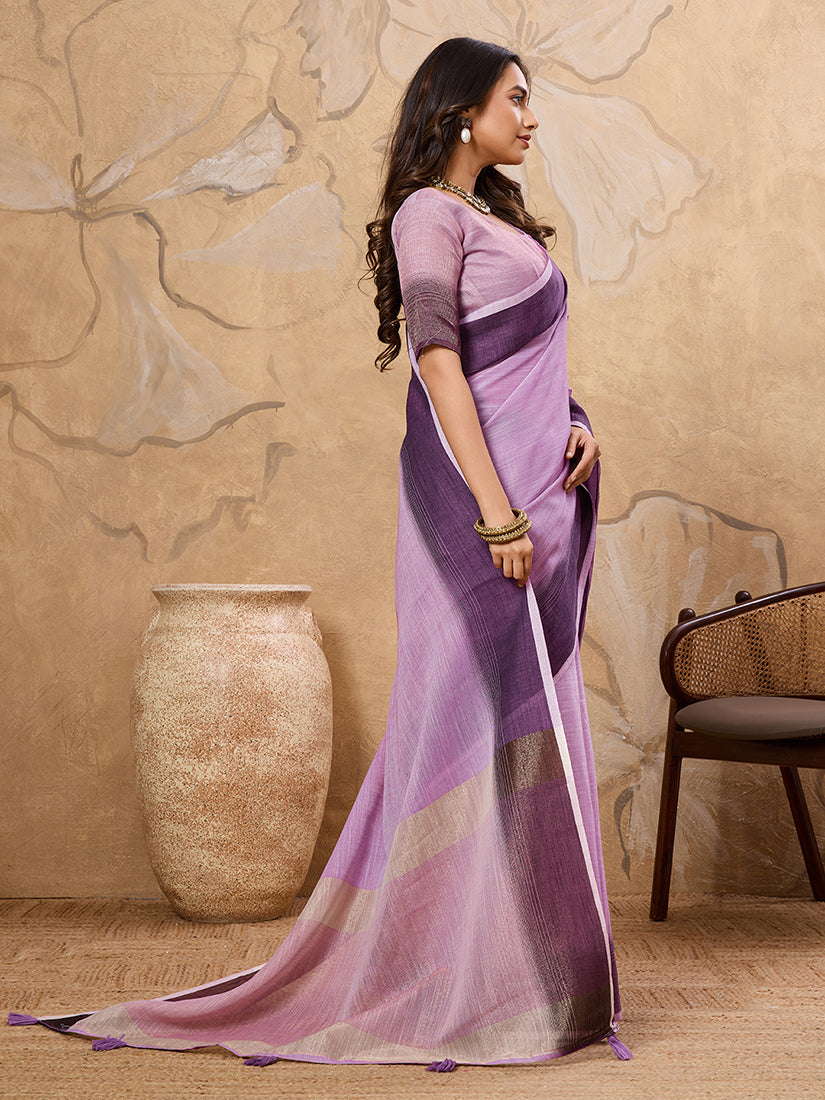 Monjolika Fashion Lavender Linen Cotton Blend Saree with Contrast Border