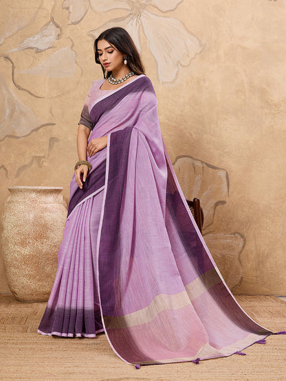 Monjolika Fashion Lavender Linen Cotton Blend Saree with Contrast Border