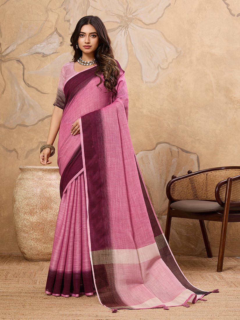 Monjolika Fashion Pink Linen Cotton Blend Saree with Contrast Border