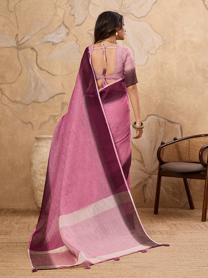 Monjolika Fashion Pink Linen Cotton Blend Saree with Contrast Border