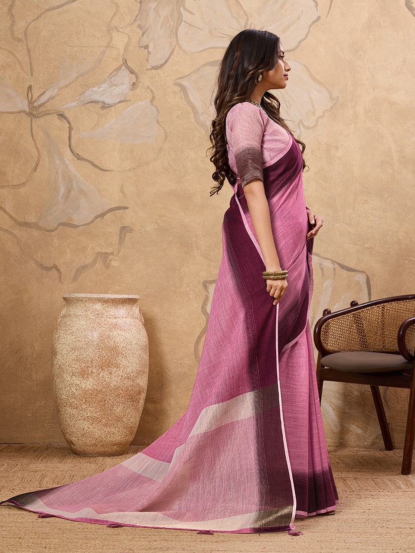 Monjolika Fashion Pink Linen Cotton Blend Saree with Contrast Border