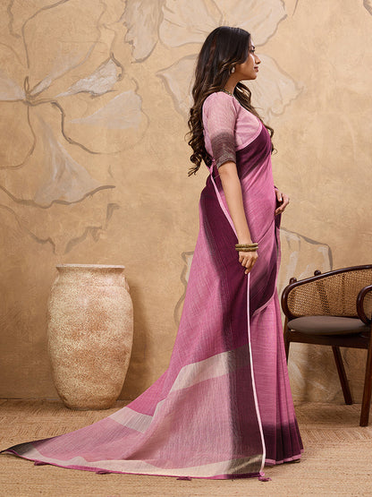 Monjolika Fashion Pink Linen Cotton Blend Saree with Contrast Border