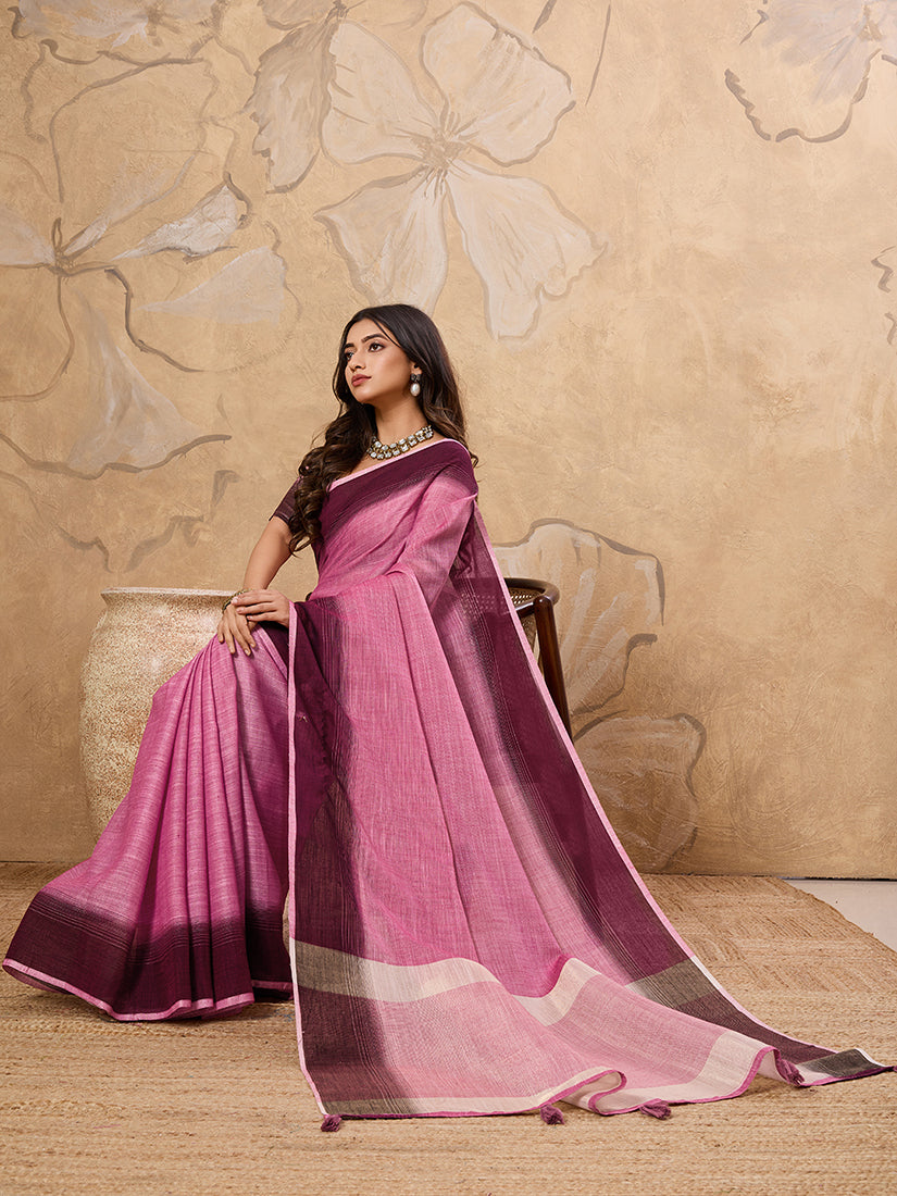 Monjolika Fashion Pink Linen Cotton Blend Saree with Contrast Border