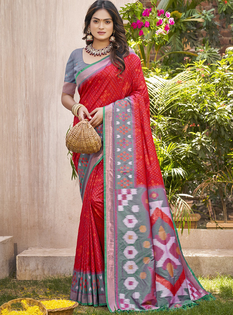 Monjolika Fashion Red & Grey Silk Blend Woven Design Saree with Blouse Piece