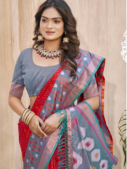 Monjolika Fashion Red & Grey Silk Blend Woven Design Saree with Blouse Piece