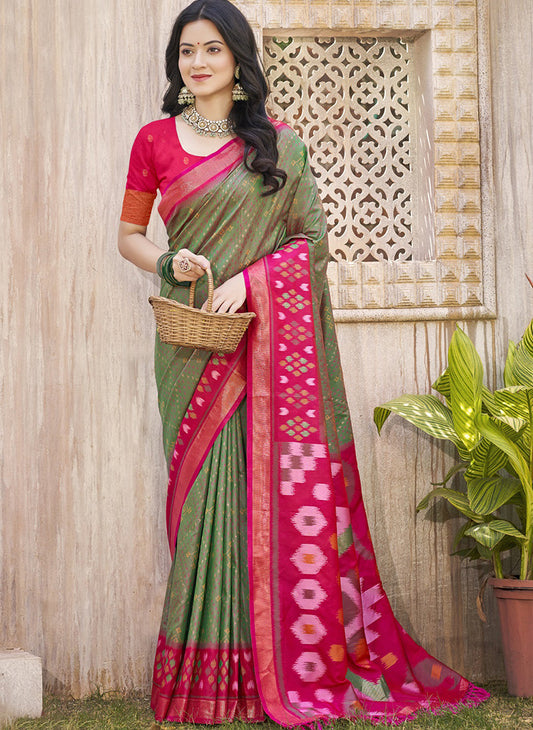 Monjolika Fashion Olive Green & Pink Silk Blend Woven Design Saree with Blouse Piece