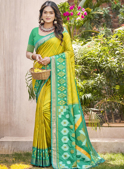 Monjolika Fashion Mustard & Green Silk Blend Woven Design Saree with Blouse Piece