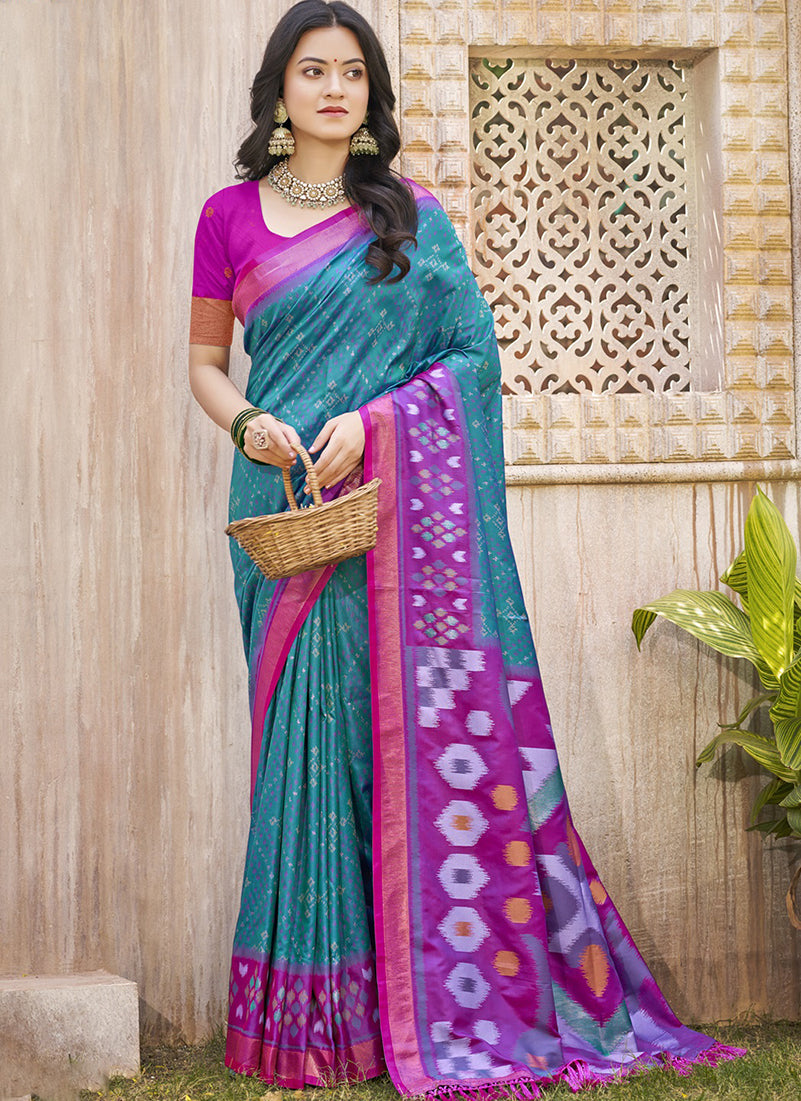 Monjolika Fashion Teal & Magenta Silk Blend Woven Design Saree with Blouse Piece
