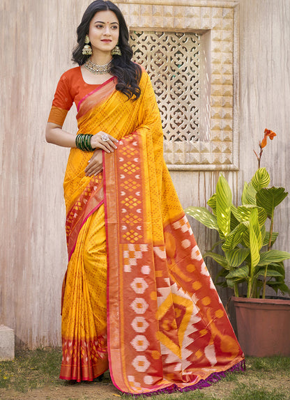 Monjolika Fashion Mustard & Rust Orange Silk Blend Woven Design Saree with Blouse Piece