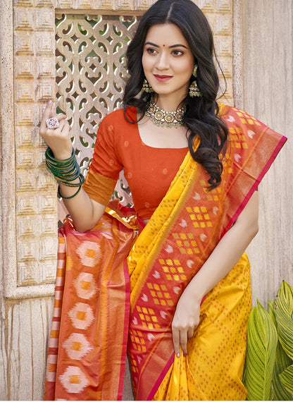 Monjolika Fashion Mustard & Rust Orange Silk Blend Woven Design Saree with Blouse Piece