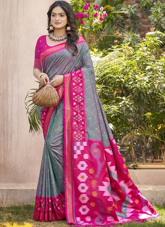 Monjolika Fashion Grey & Rani Pink Silk Blend Woven Design Saree with Blouse Piece