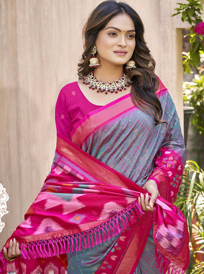 Monjolika Fashion Grey & Rani Pink Silk Blend Woven Design Saree with Blouse Piece