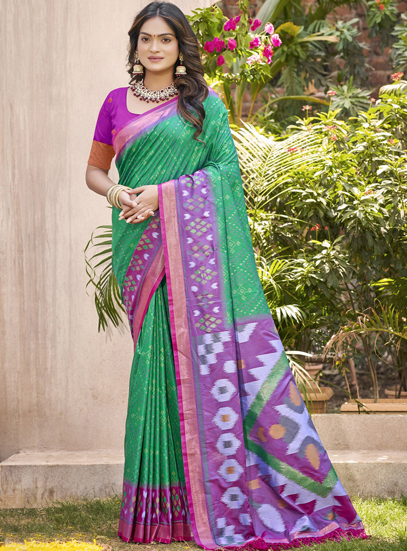 Monjolika Fashion Green & Violet Silk Blend Woven Design Saree with Blouse Piece