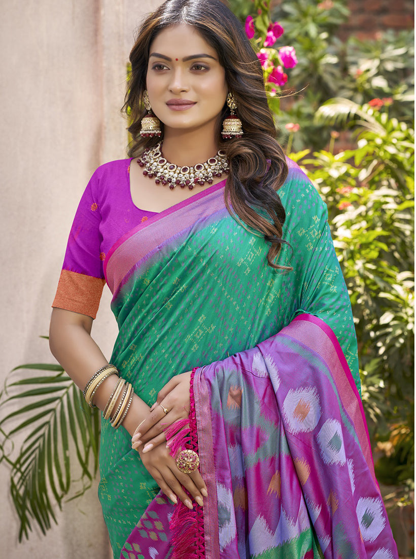 Monjolika Fashion Green & Violet Silk Blend Woven Design Saree with Blouse Piece