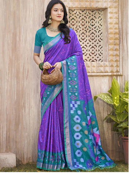 Monjolika Fashion Purple & Teal Silk Blend Woven Design Saree with Blouse Piece