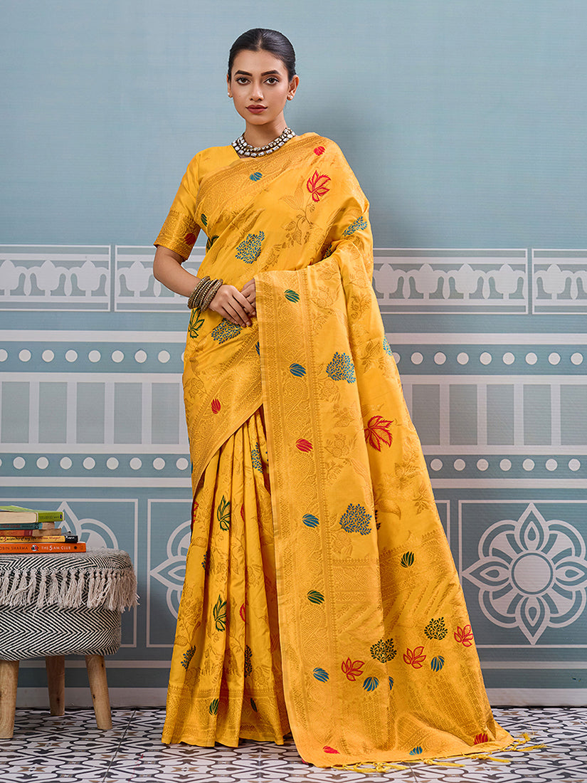 Monjolika Fashion Mustard Banarasi Silk Blend Saree with Gold Zari Floral Weaving
